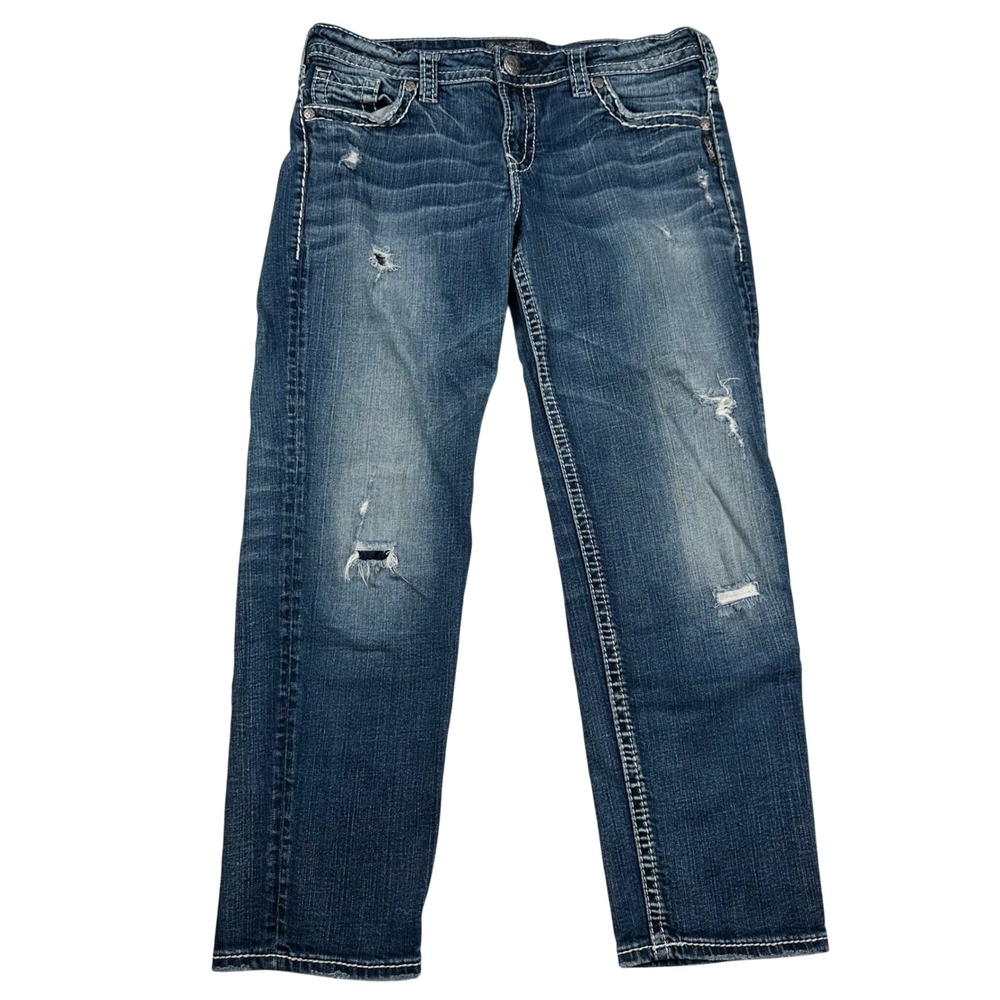 Silver Jeans Co Aiko Mid Straight Distressed Denim Jeans W31 L25 L87430SJ8283